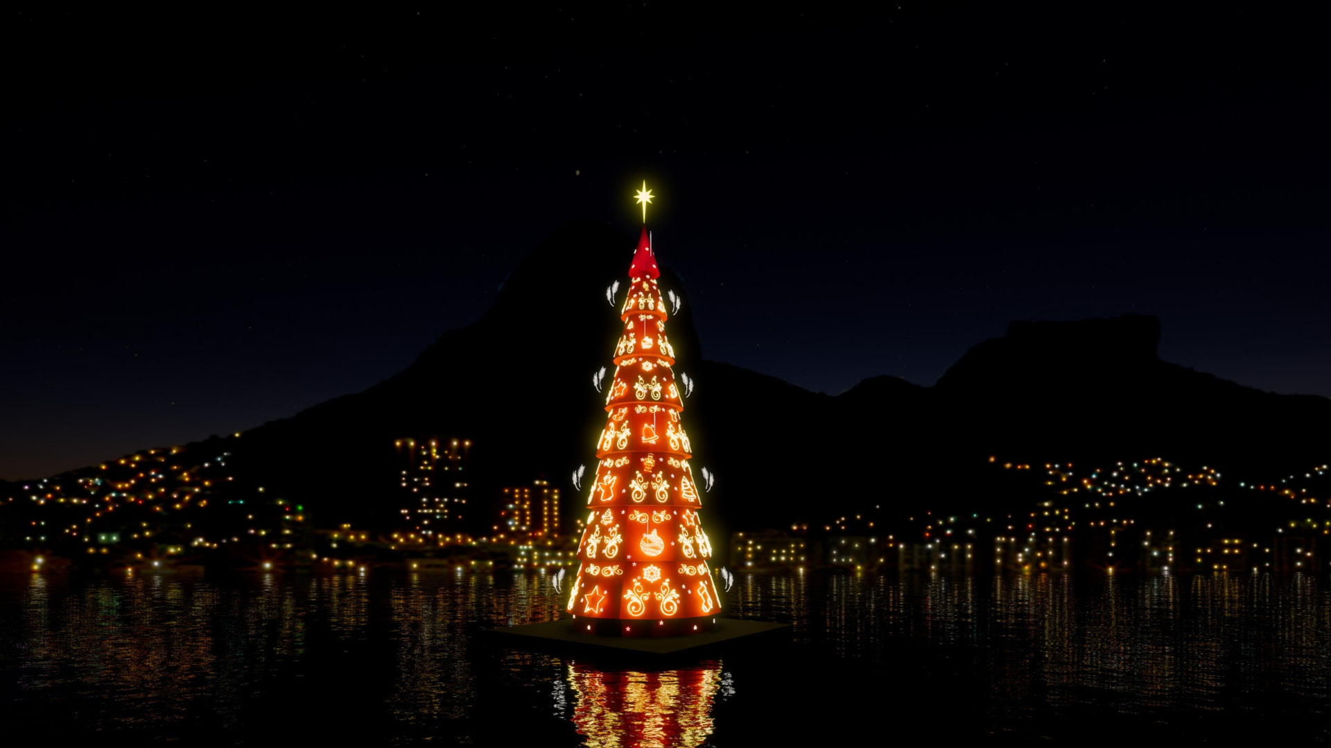 Árvore de Natal flutuante iluminada na Lagoa Rodrigo de Freitas
